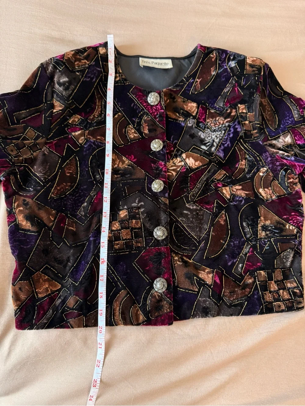VTG Tres Paquette Velvet Cropped Blazer Abstract Multi Metallic Sz 10 Petite